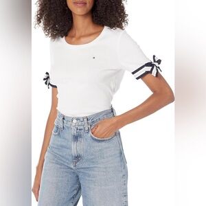 Tommy Hilfiger Women’s 100% White Cotton Navy Blue Tie Accent at Each Sleeve L